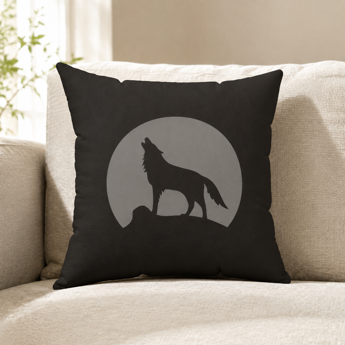 Howling Wolf Throw Pillow, Black and Grey Moon Cushion, Dark Academia Reading Nook Decor