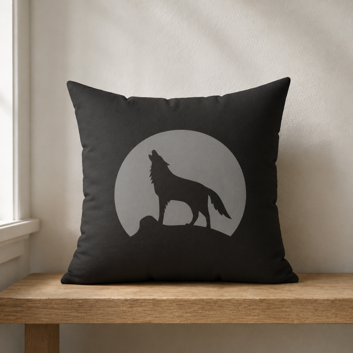 Howling Wolf Throw Pillow, Black and Grey Moon Cushion, Dark Academia Reading Nook Decor