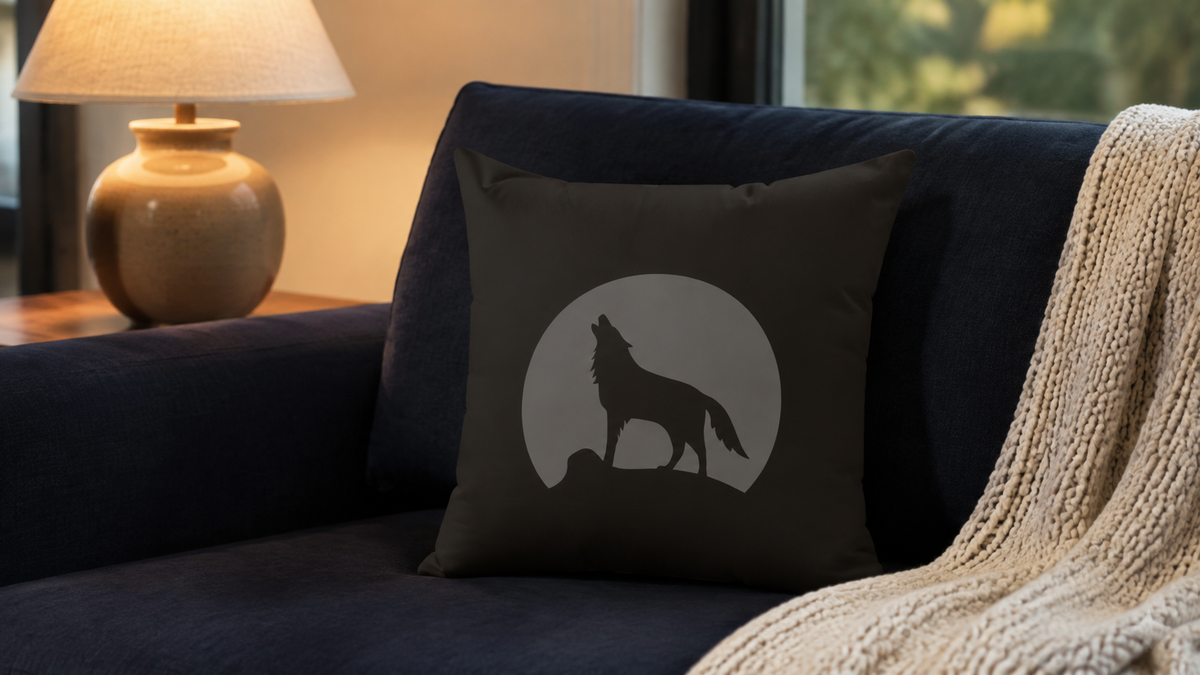 Howling Wolf Throw Pillow, Black and Grey Moon Cushion, Dark Academia Reading Nook Decor