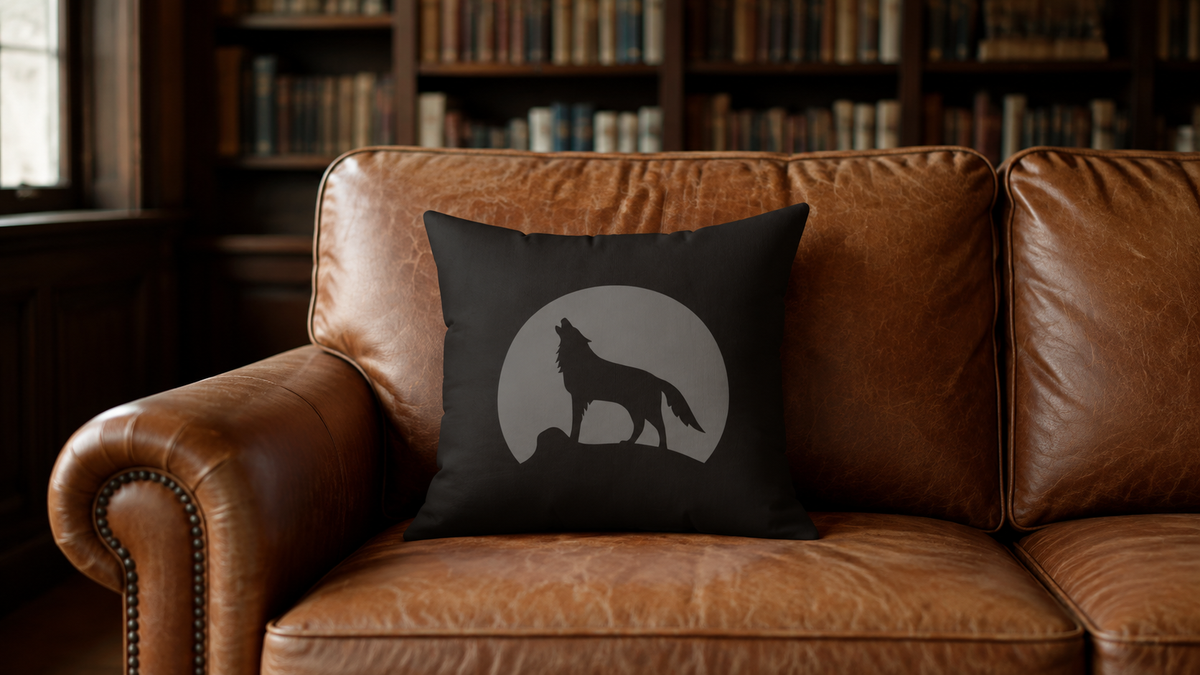 Howling Wolf Throw Pillow, Black and Grey Moon Cushion, Dark Academia Reading Nook Decor