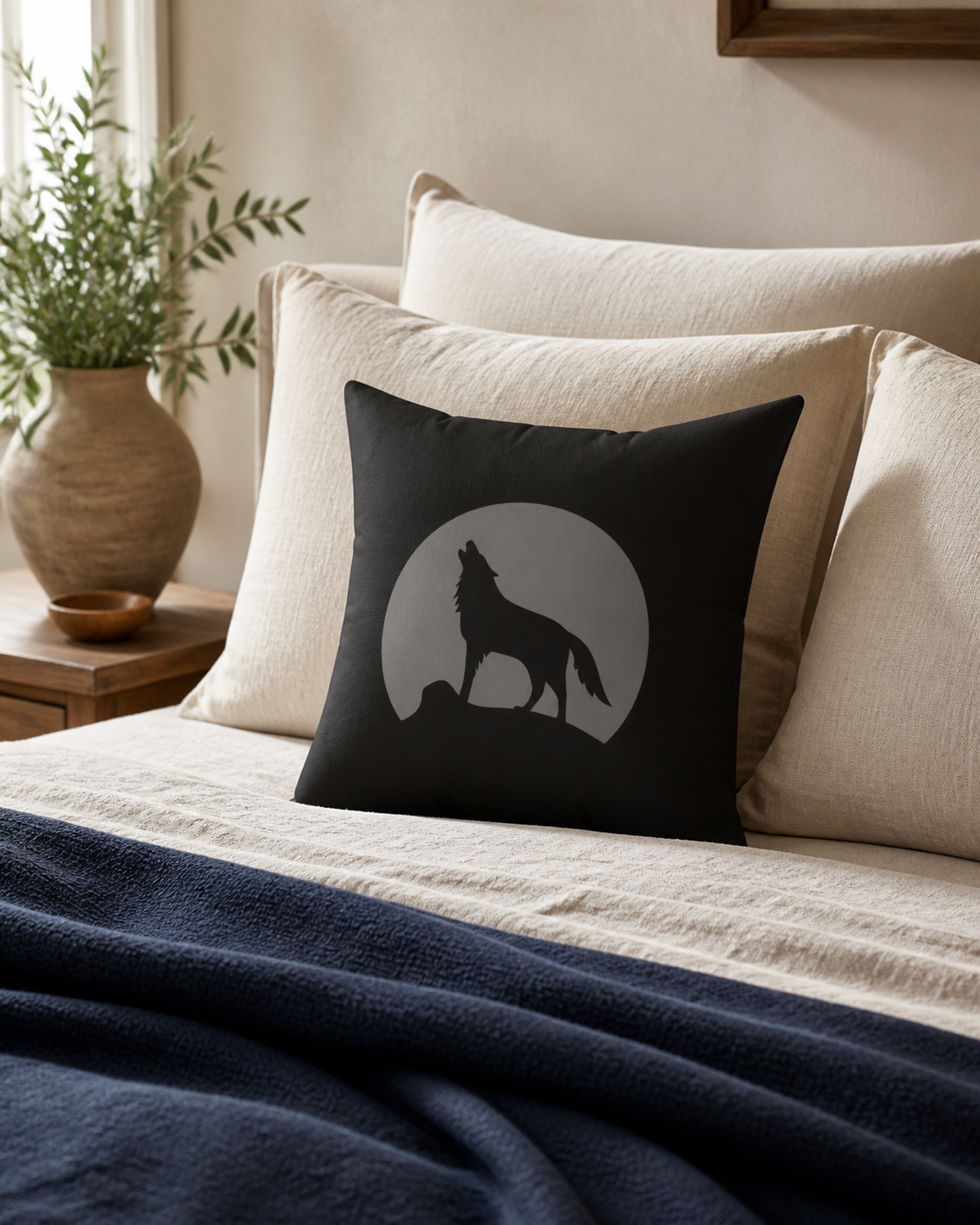 Howling Wolf Throw Pillow, Black and Grey Moon Cushion, Dark Academia Reading Nook Decor