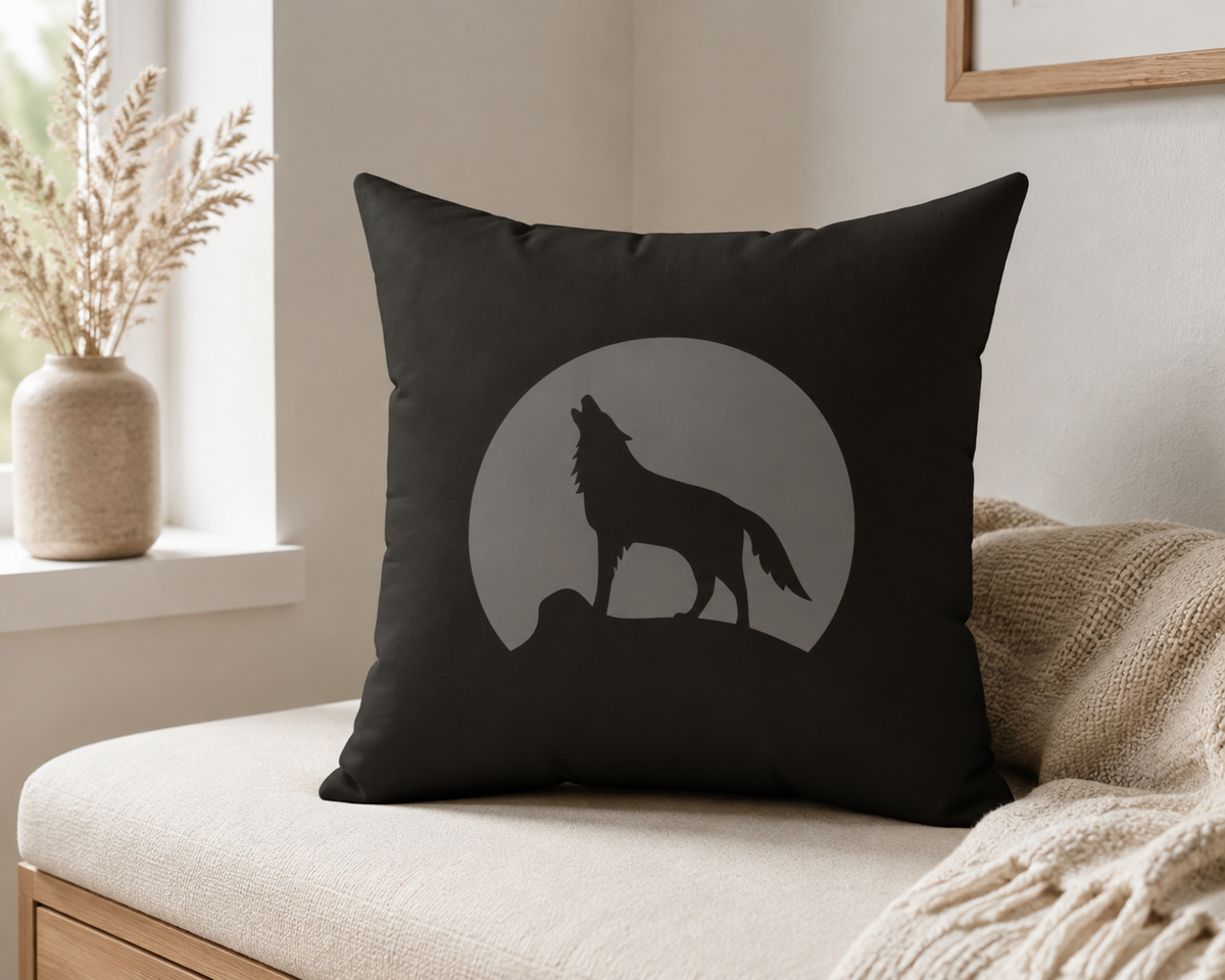 Howling Wolf Throw Pillow, Black and Grey Moon Cushion, Dark Academia Reading Nook Decor