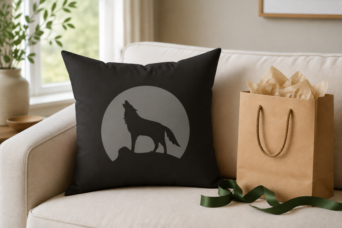 Howling Wolf Throw Pillow, Black and Grey Moon Cushion, Dark Academia Reading Nook Decor