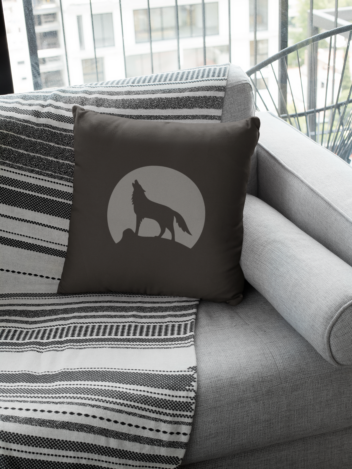 Howling Wolf Throw Pillow, Black and Grey Moon Cushion, Dark Academia Reading Nook Decor