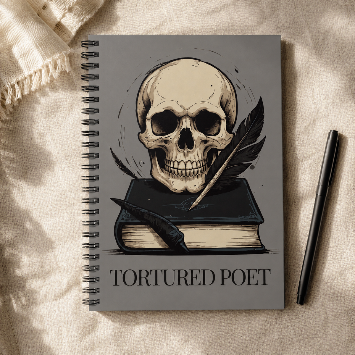 Grey Skull Spiral Notebook, Dark Academia Lined Poetry Journal, Gothic Book Lover Gift