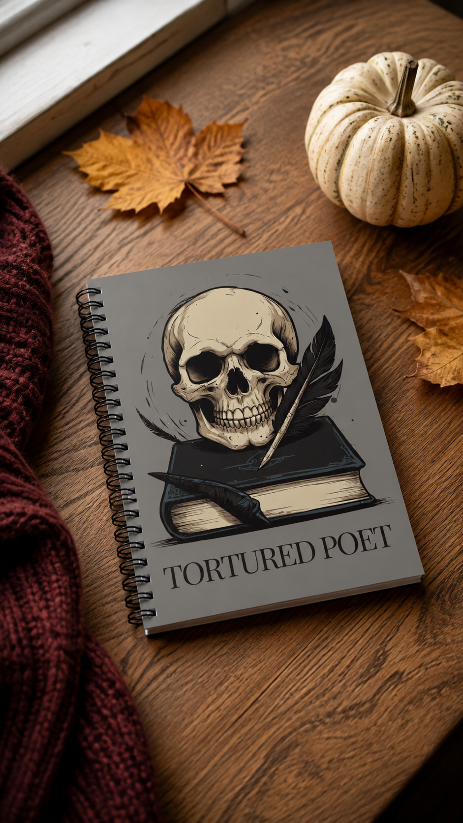 Grey Skull Spiral Notebook, Dark Academia Lined Poetry Journal, Gothic Book Lover Gift