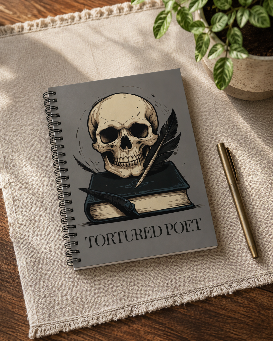 Grey Skull Spiral Notebook, Dark Academia Lined Poetry Journal, Gothic Book Lover Gift