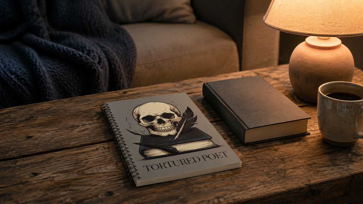 Grey Skull Spiral Notebook, Dark Academia Lined Poetry Journal, Gothic Book Lover Gift