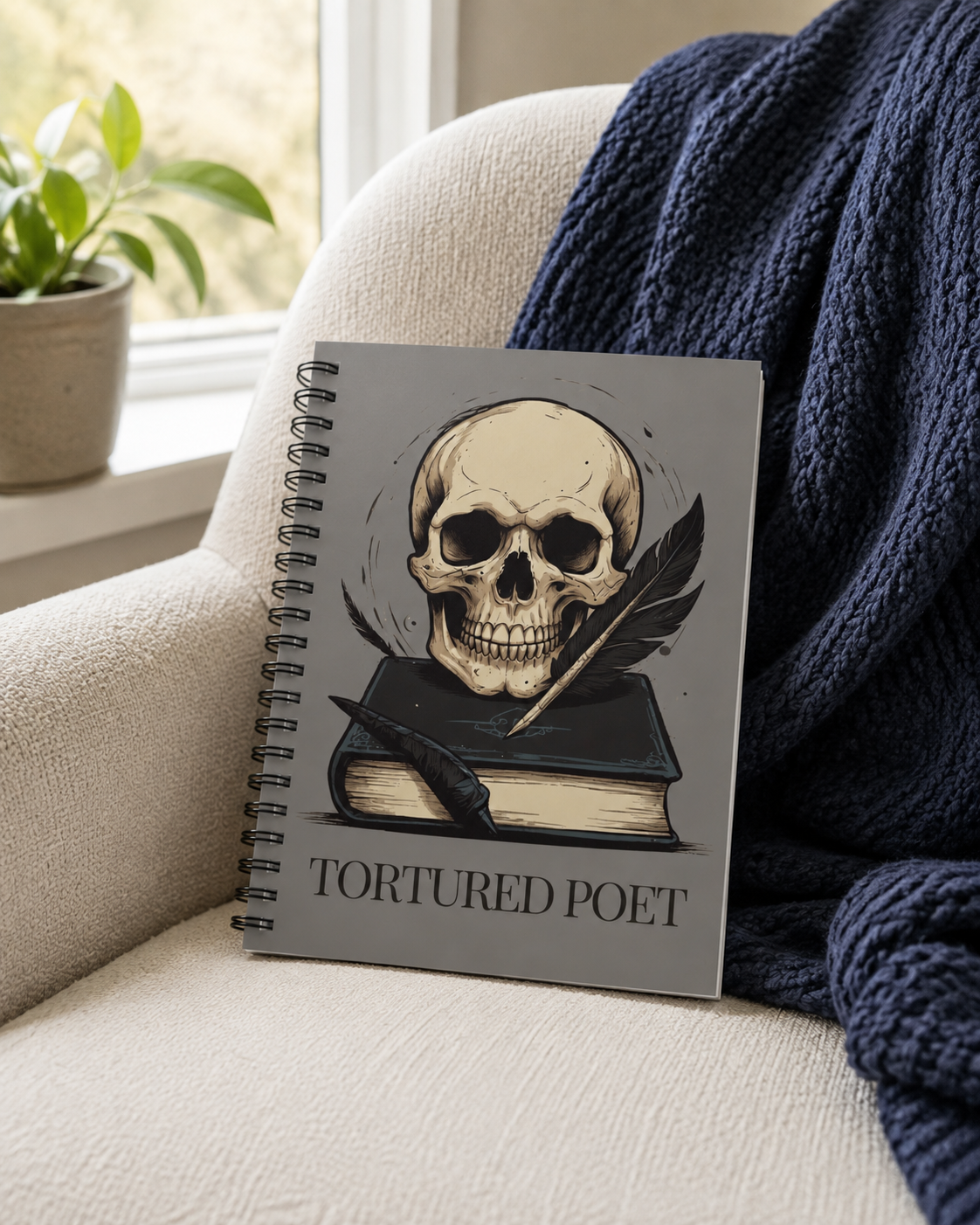 Grey Skull Spiral Notebook, Dark Academia Lined Poetry Journal, Gothic Book Lover Gift