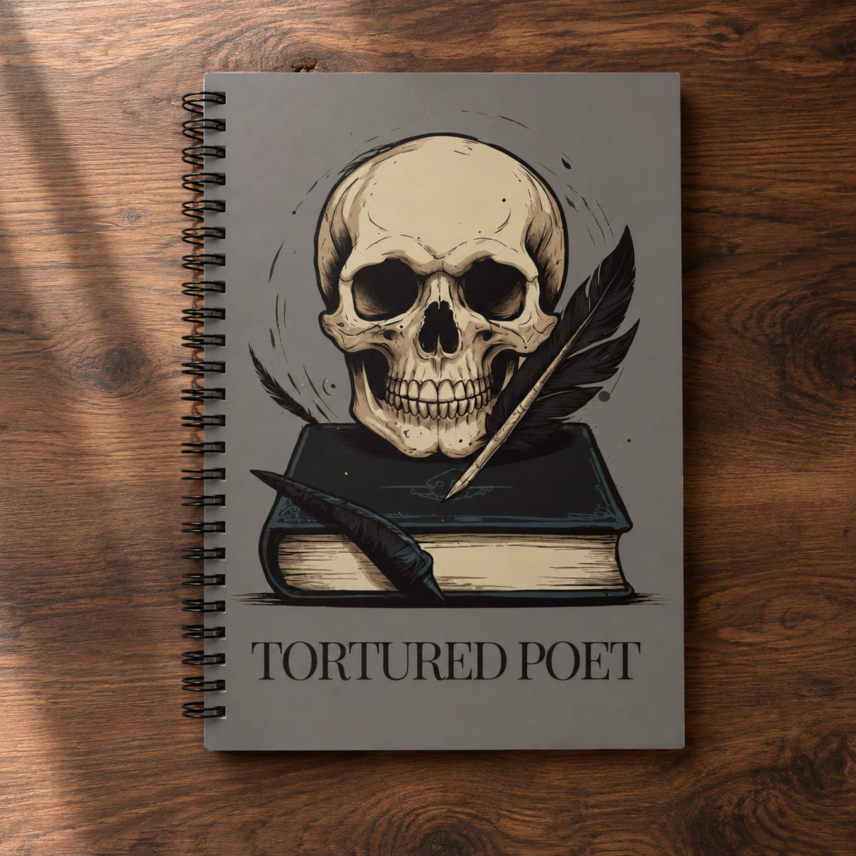 Grey Skull Spiral Notebook, Dark Academia Lined Poetry Journal, Gothic Book Lover Gift