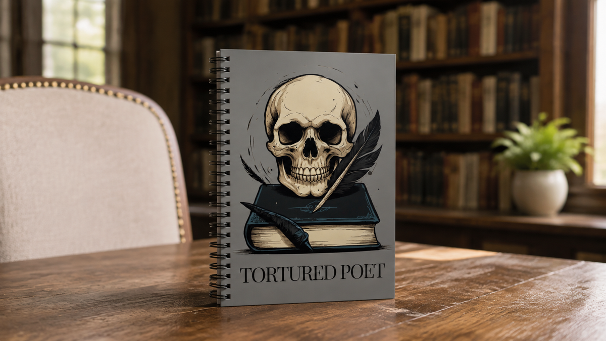 Grey Skull Spiral Notebook, Dark Academia Lined Poetry Journal, Gothic Book Lover Gift