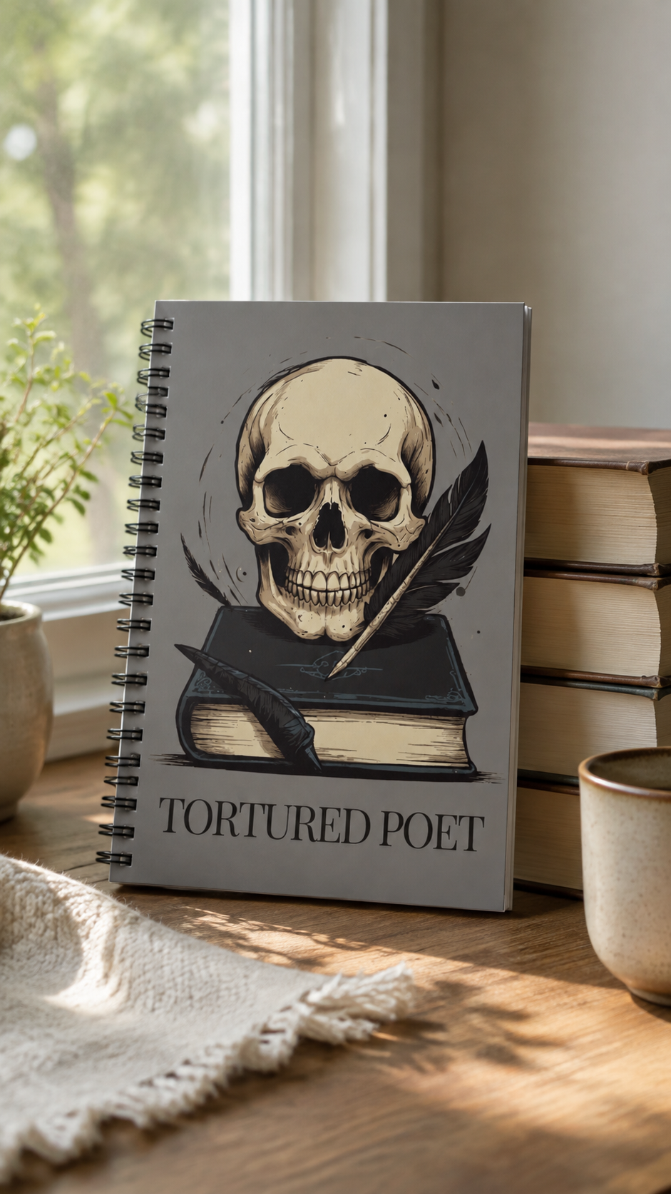 Grey Skull Spiral Notebook, Dark Academia Lined Poetry Journal, Gothic Book Lover Gift