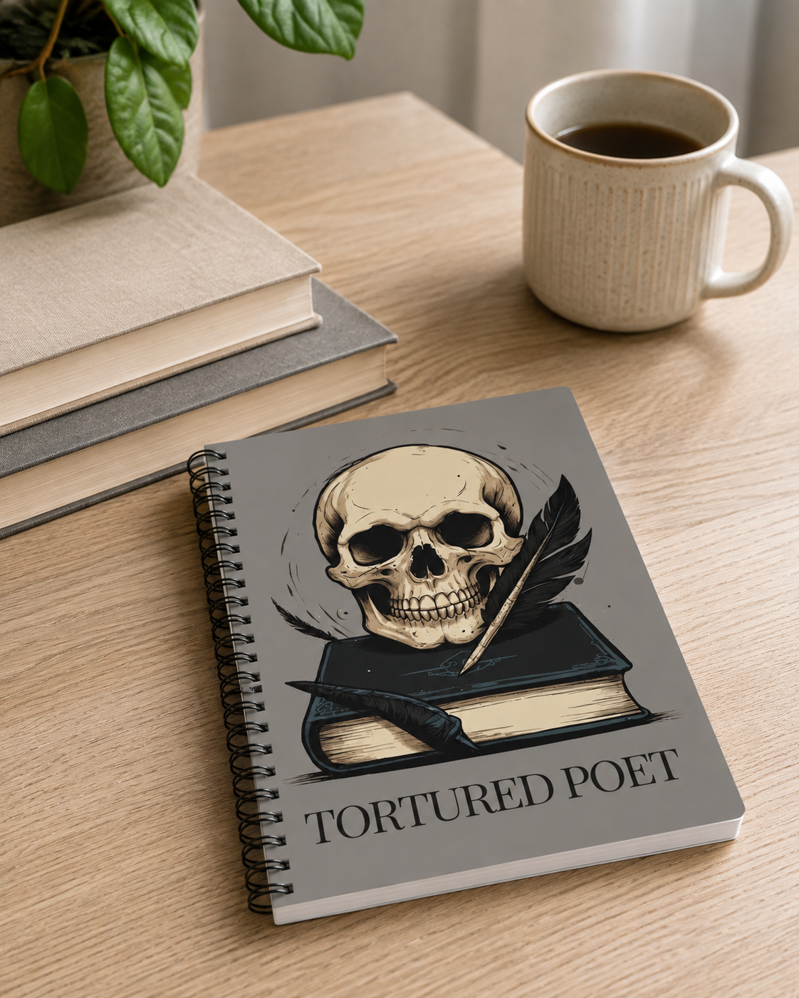 Grey Skull Spiral Notebook, Dark Academia Lined Poetry Journal, Gothic Book Lover Gift
