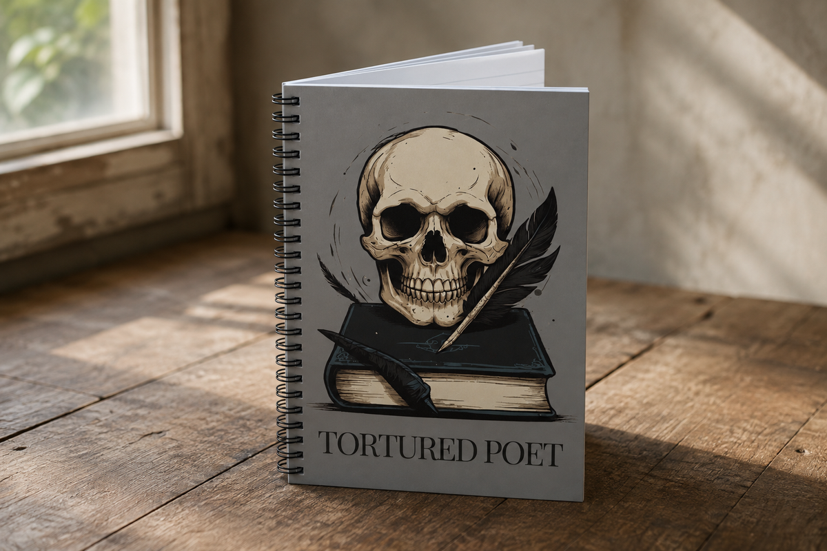 Grey Skull Spiral Notebook, Dark Academia Lined Poetry Journal, Gothic Book Lover Gift