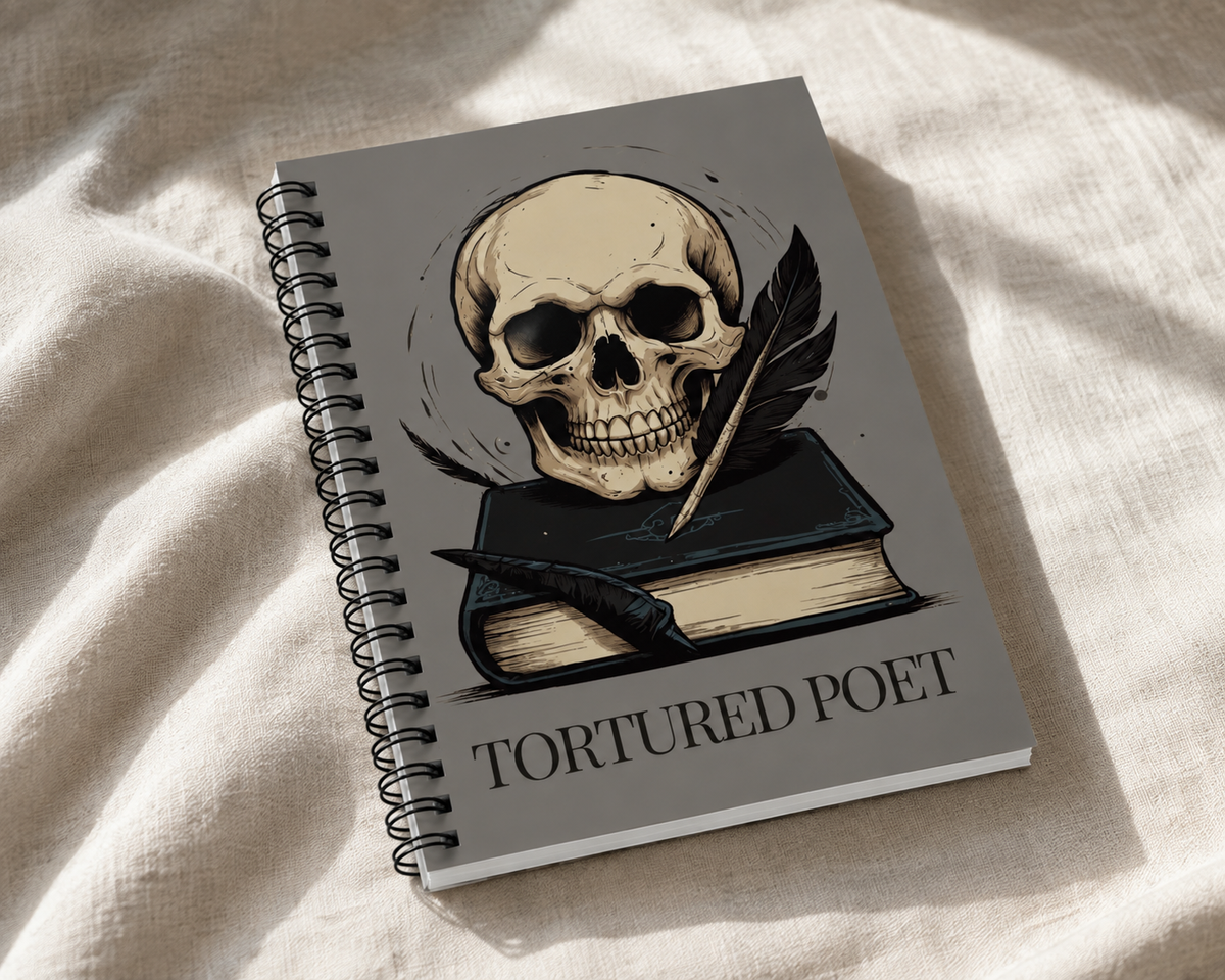 Grey Skull Spiral Notebook, Dark Academia Lined Poetry Journal, Gothic Book Lover Gift