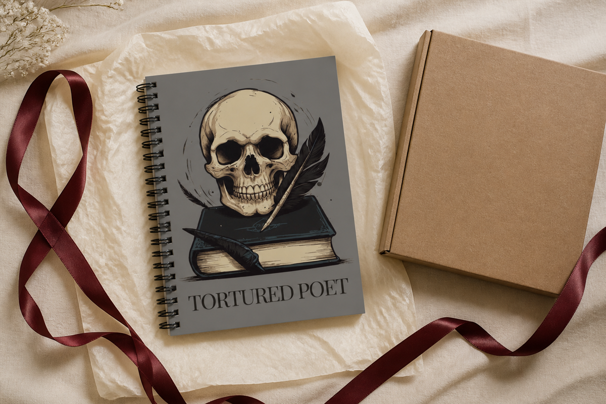 Grey Skull Spiral Notebook, Dark Academia Lined Poetry Journal, Gothic Book Lover Gift