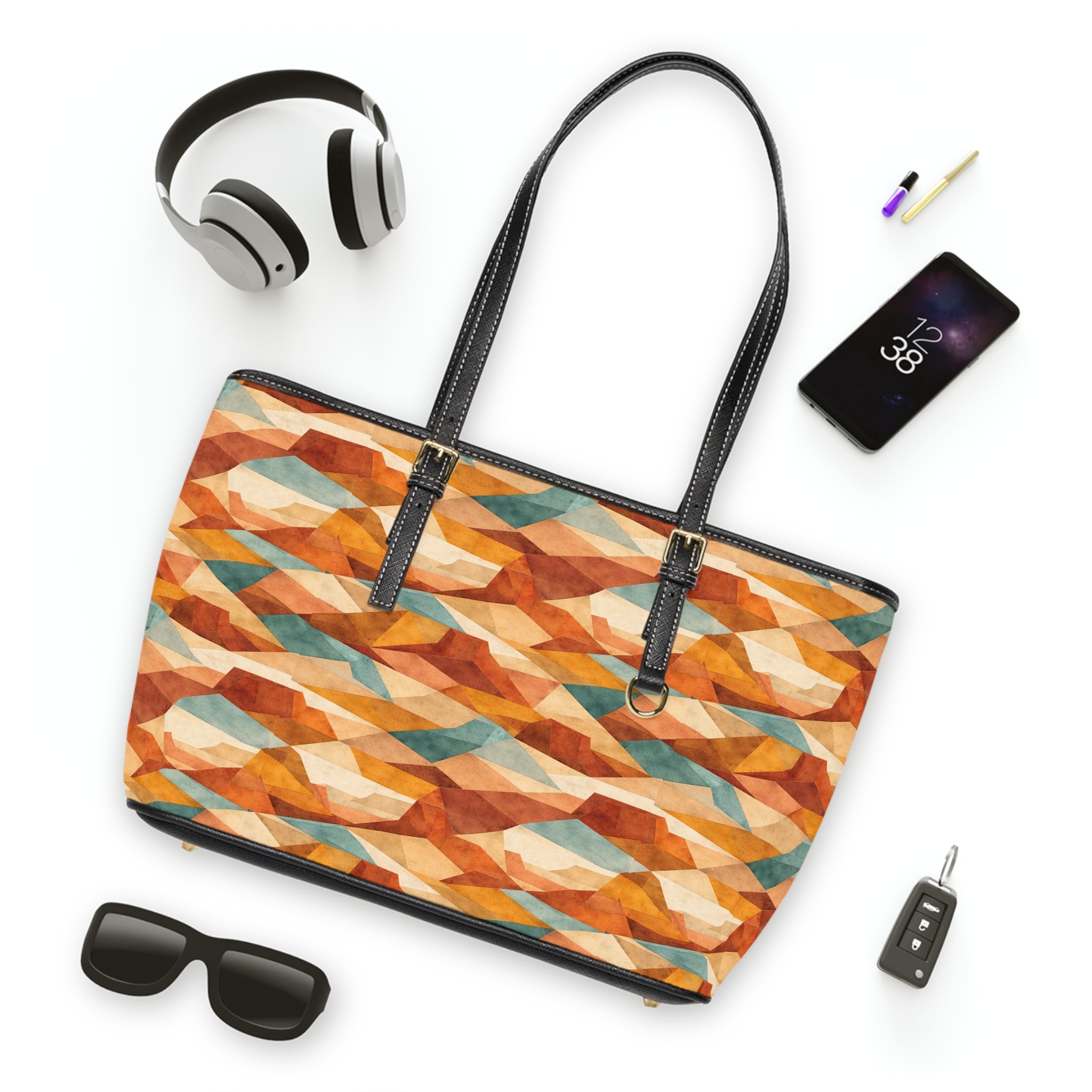 Geometric Autumn Tote Bag — PU Leather Shoulder Bag with Warm Abstract Pattern