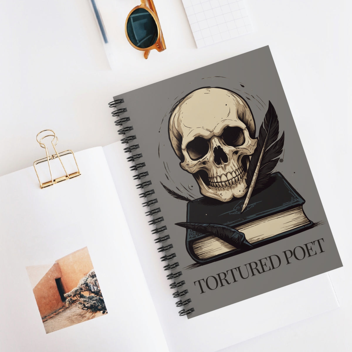 Grey Skull Spiral Notebook, Dark Academia Lined Poetry Journal, Gothic Book Lover Gift