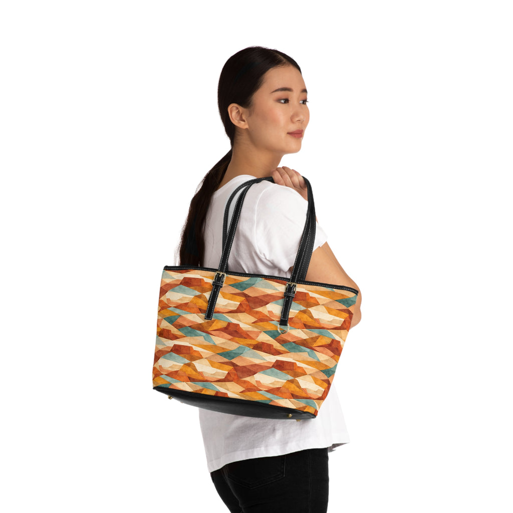 Geometric Autumn Tote Bag — PU Leather Shoulder Bag with Warm Abstract Pattern