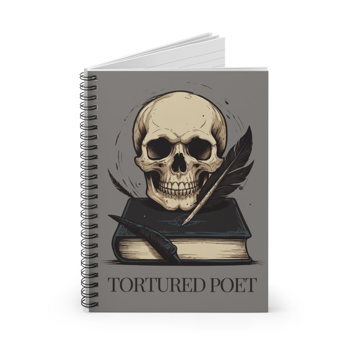 Grey Skull Spiral Notebook, Dark Academia Lined Poetry Journal, Gothic Book Lover Gift