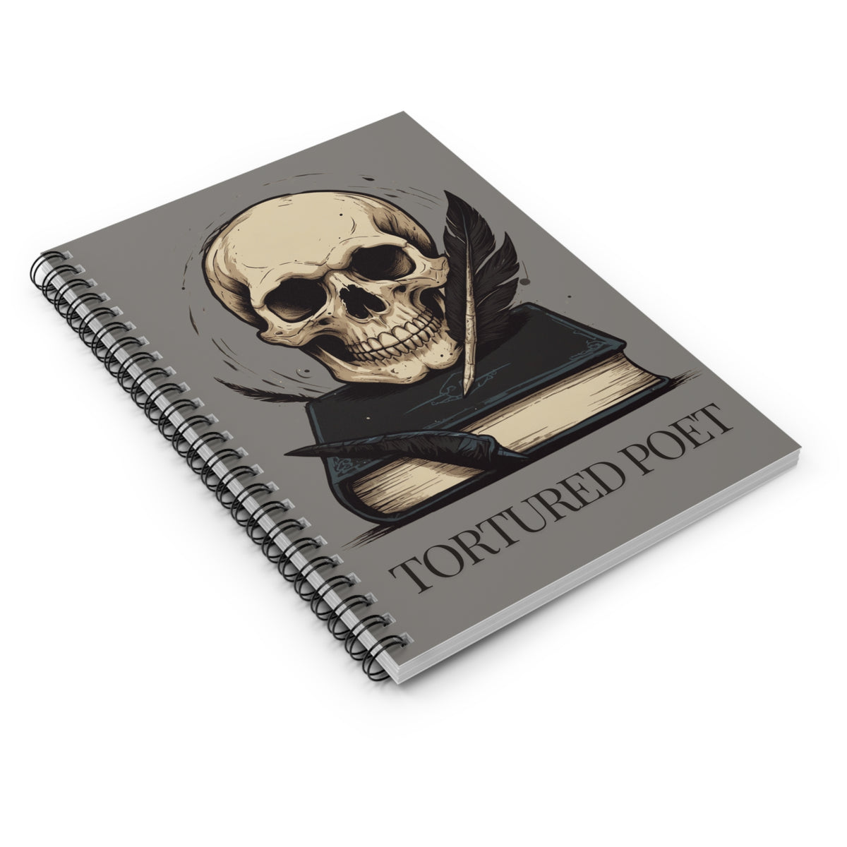 Grey Skull Spiral Notebook, Dark Academia Lined Poetry Journal, Gothic Book Lover Gift