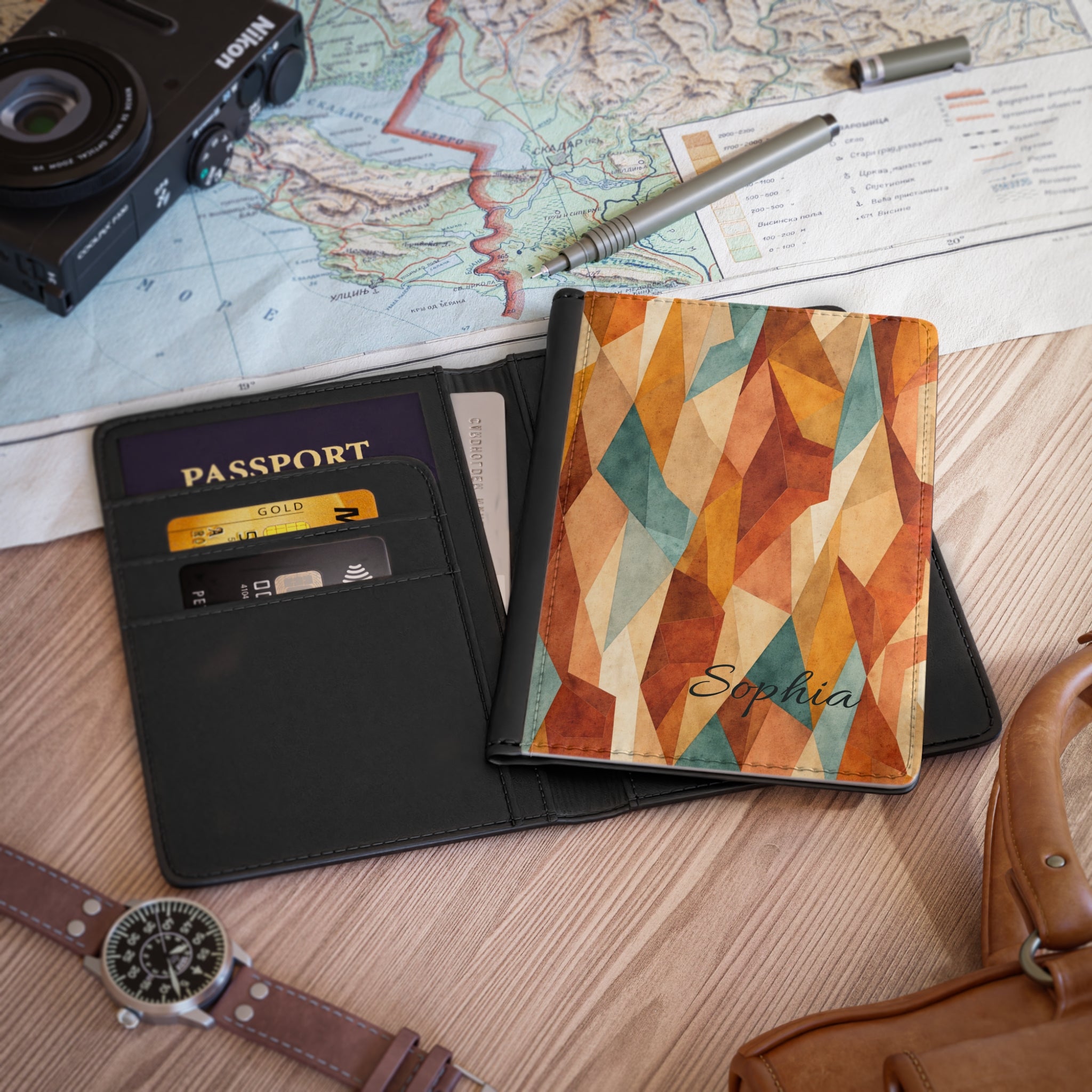 Geometric Desert Sunset Passport Cover: Personalized Travel Wallet